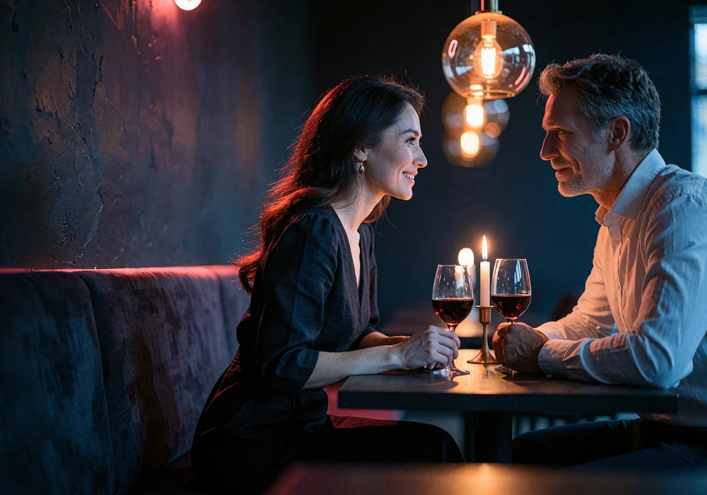 Couple sharing a quiet moment over dinner in an intimate restaurant after connecting online