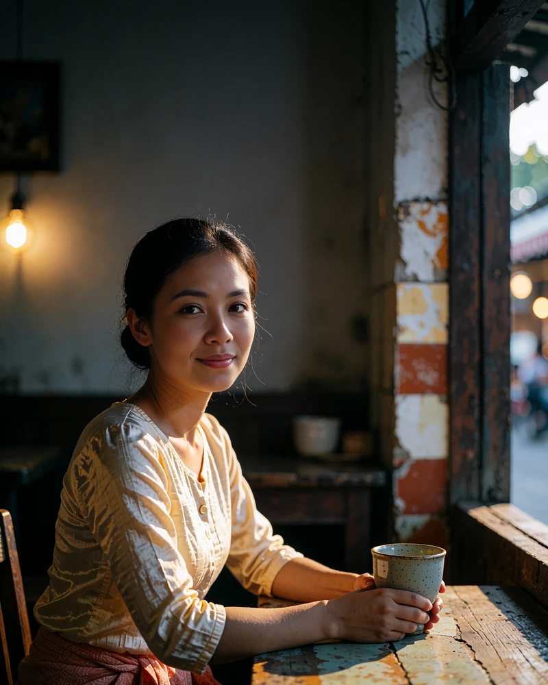 Burmese woman in a pale-gold blouse seated at a small tea house table