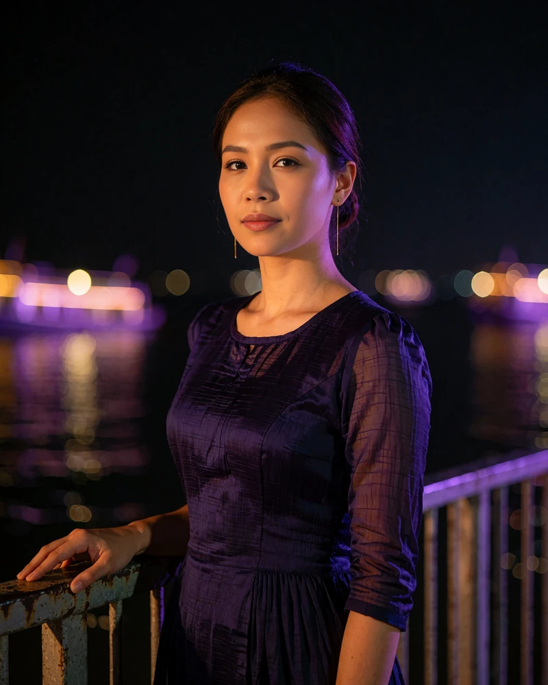 Burmese woman in a deep-indigo dress standing on a river-facing terrace at night