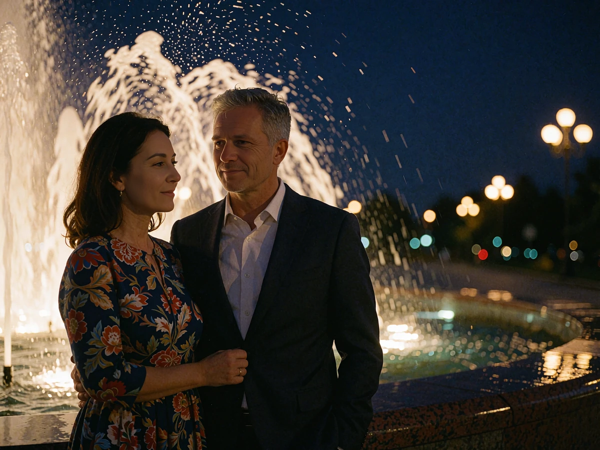 Couple standing close together beside an illuminated city fountain at night after meeting through a Turkmen dating category