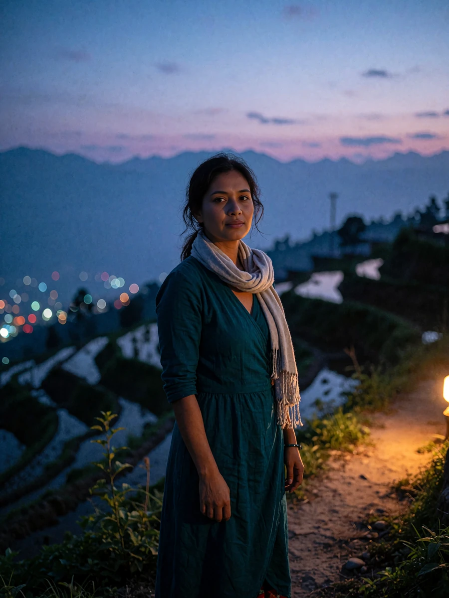 Nepali member in a teal wrap dress standing on a hillside terrace path at blue hour