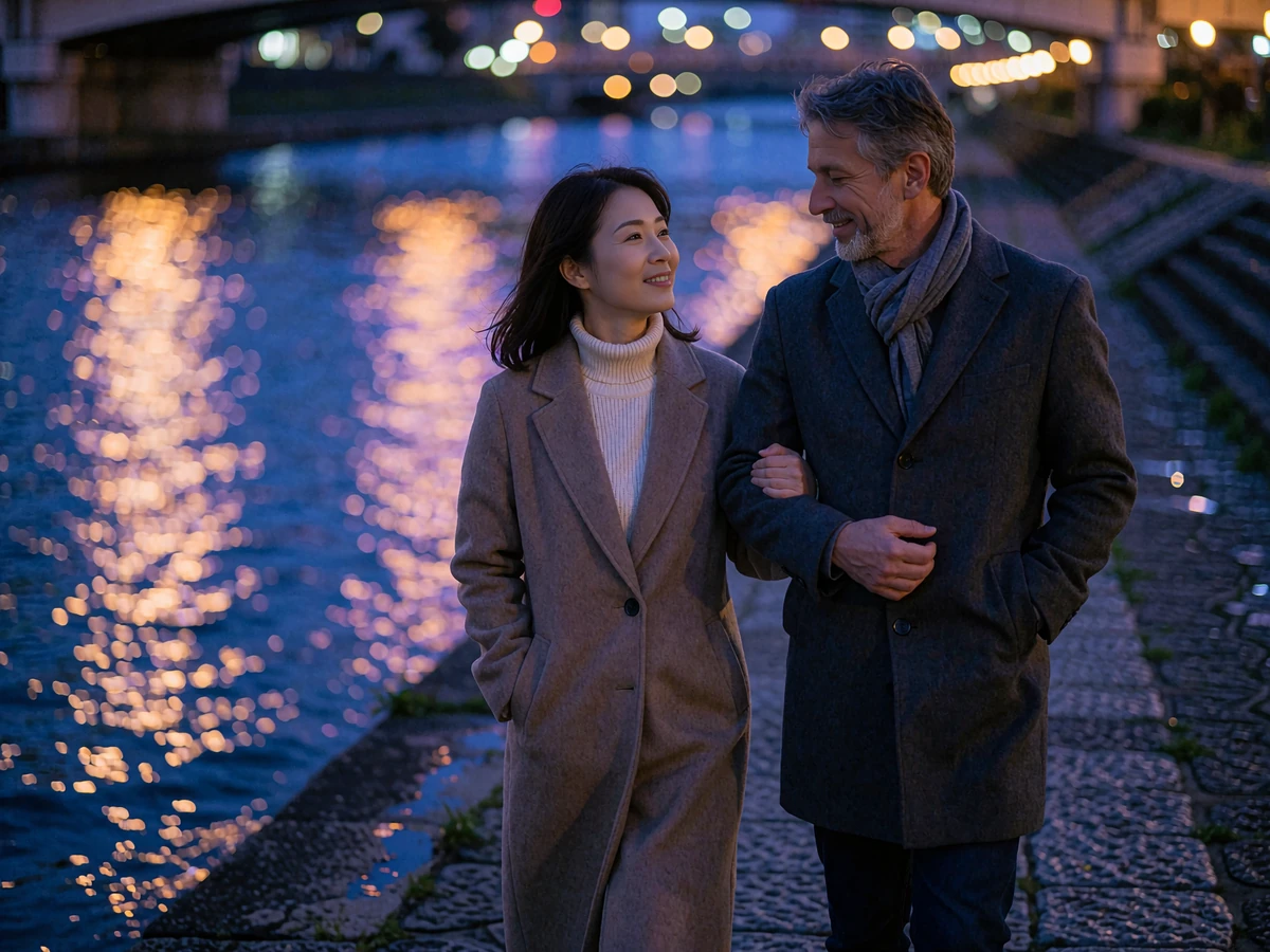 Couple walking arm in arm along a quiet Tokyo riverside promenade at night after meeting through a Japanese dating site