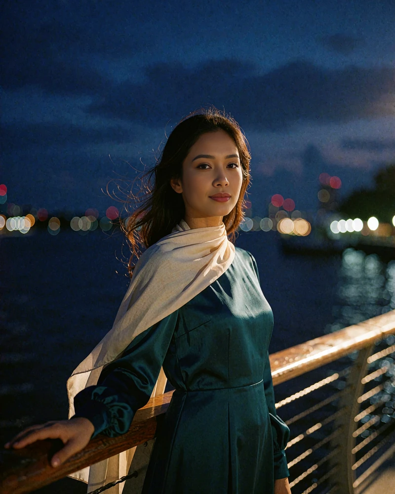 Bruneian woman in a teal modest dress standing on a waterfront promenade at blue hour