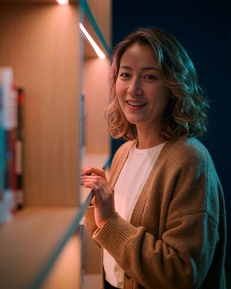 Mongolian woman in a camel cardigan smiling warmly among softly lit shelves in a modern bookshop