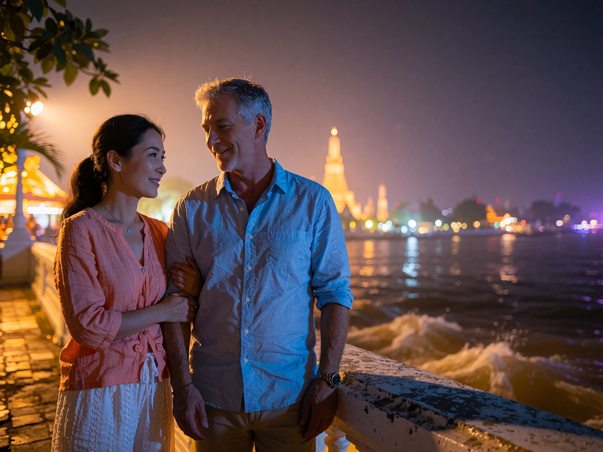 Thai woman and Western man smiling together on an illuminated riverside walkway at night with a distant temple spire