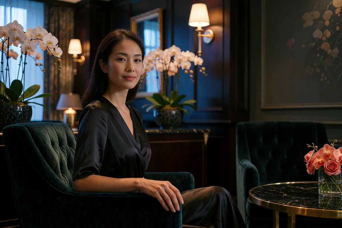 Thai woman in her early thirties seated in a velvet armchair in a luxury hotel lounge at night, illustrating Thai dating culture and hospitality