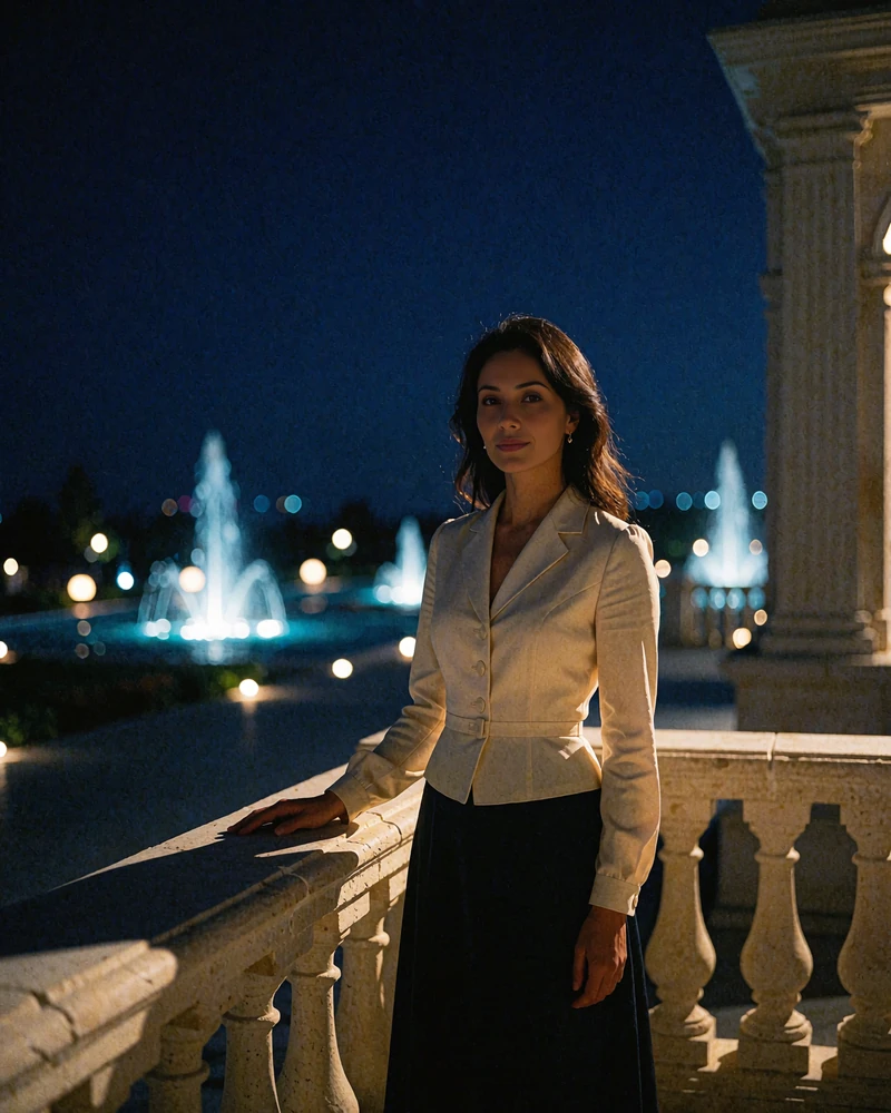 Turkmen member in a cream blouse standing on a stone terrace at night