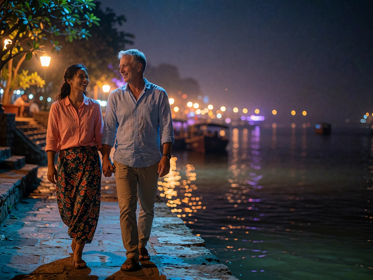 Couple walking side by side along a lit riverside promenade at night, sharing a quiet laugh