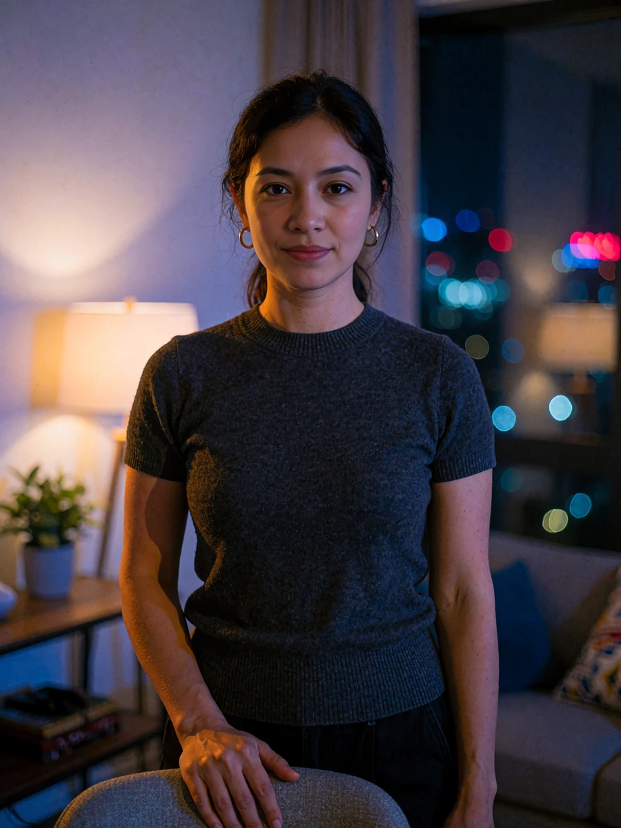 Nepali member in a charcoal knit top standing in a softly lit apartment interior at night