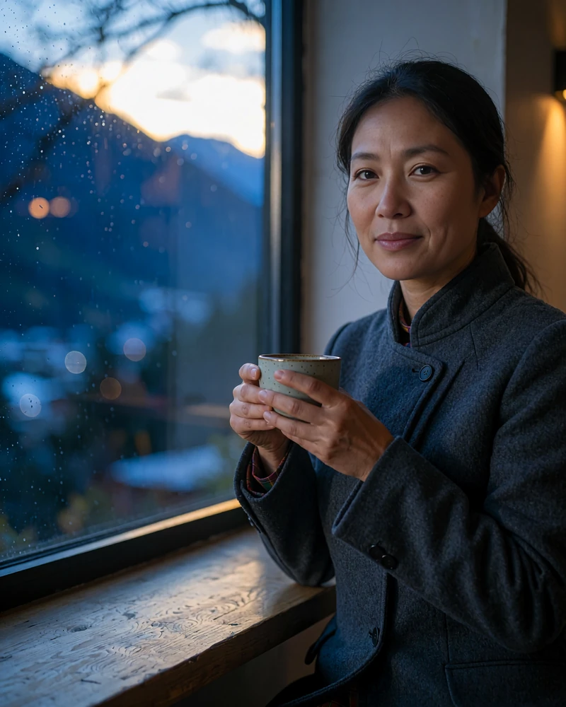 Bhutanese member in a tailored charcoal coat sitting by a window in a modern mountain-town cafe