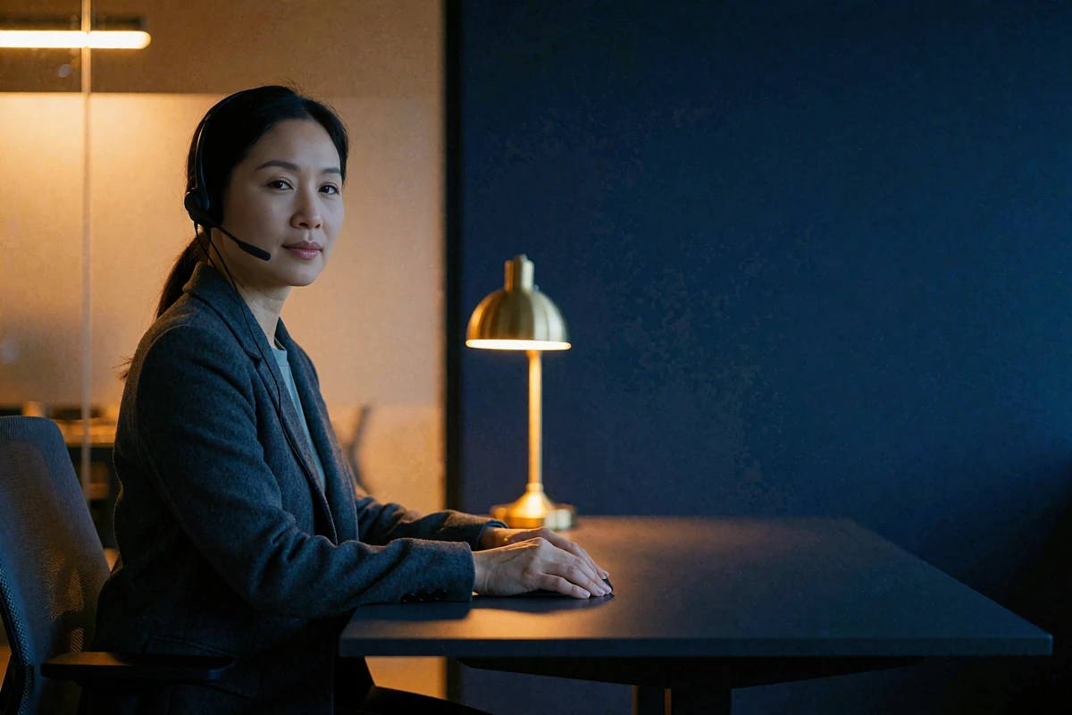 Calm support specialist wearing a discreet headset at a quiet office desk, ready to assist with privacy requests