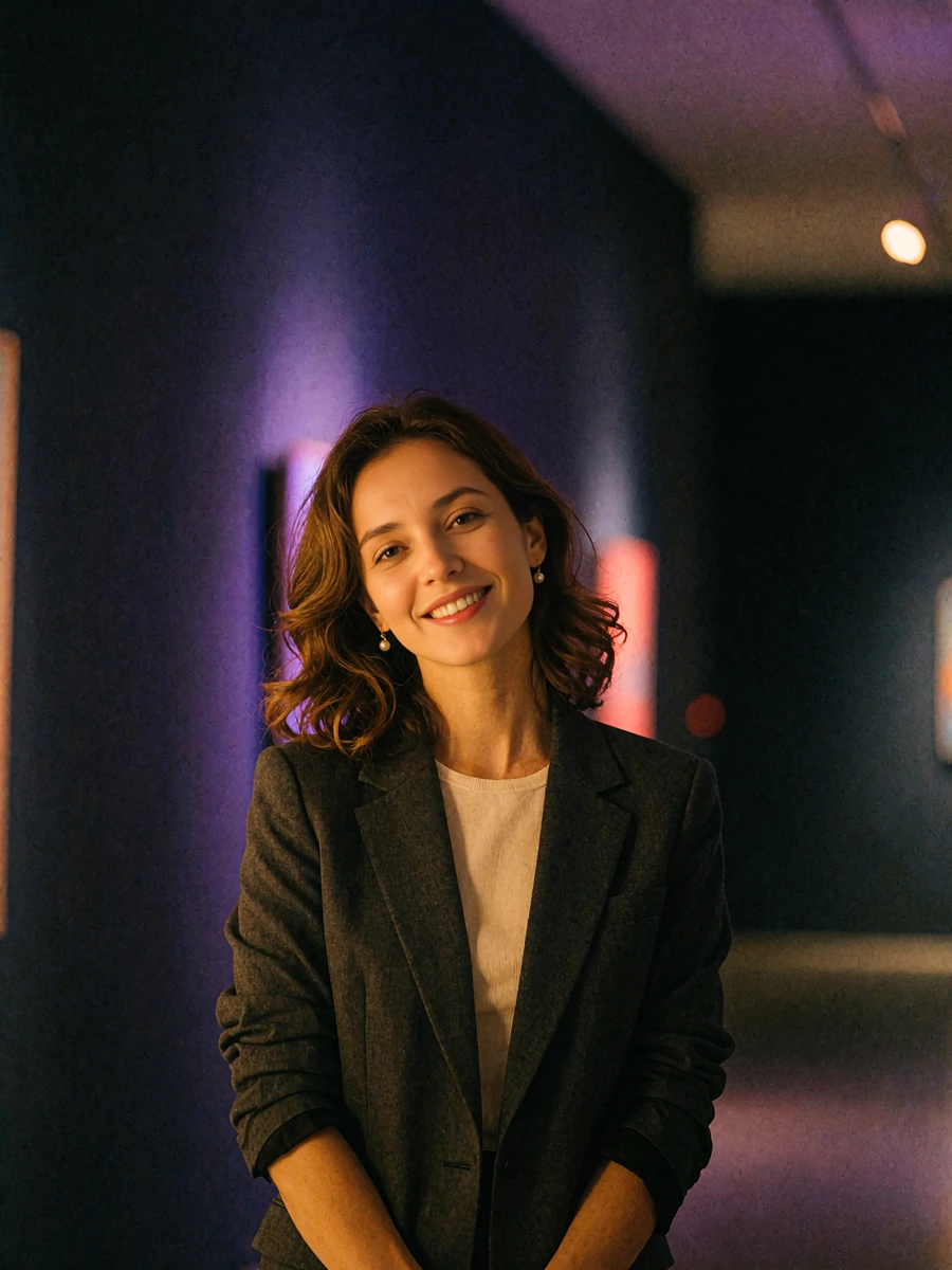 Tajik member with wavy hair standing in a dim modern gallery corridor with a warm smile