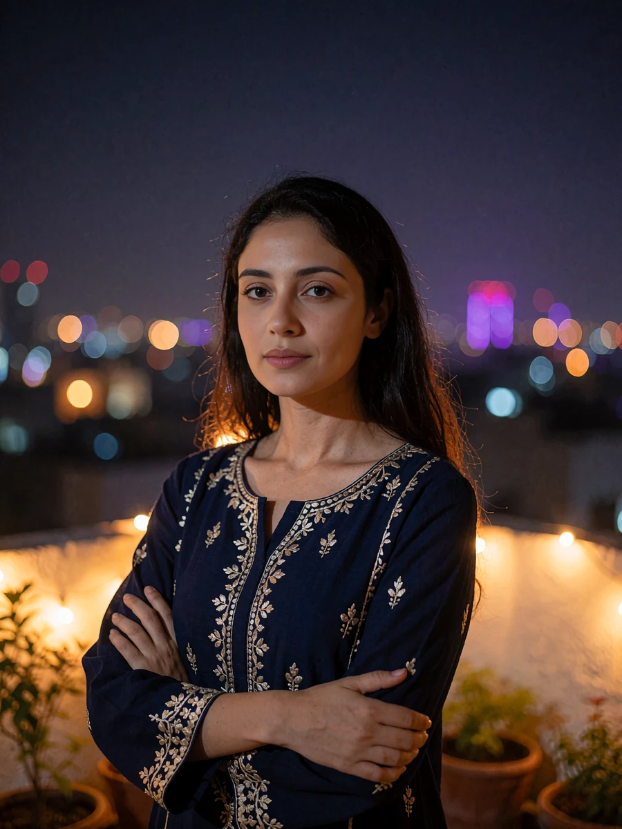 Pakistani member in a navy embroidered tunic on a private rooftop terrace in Karachi at night