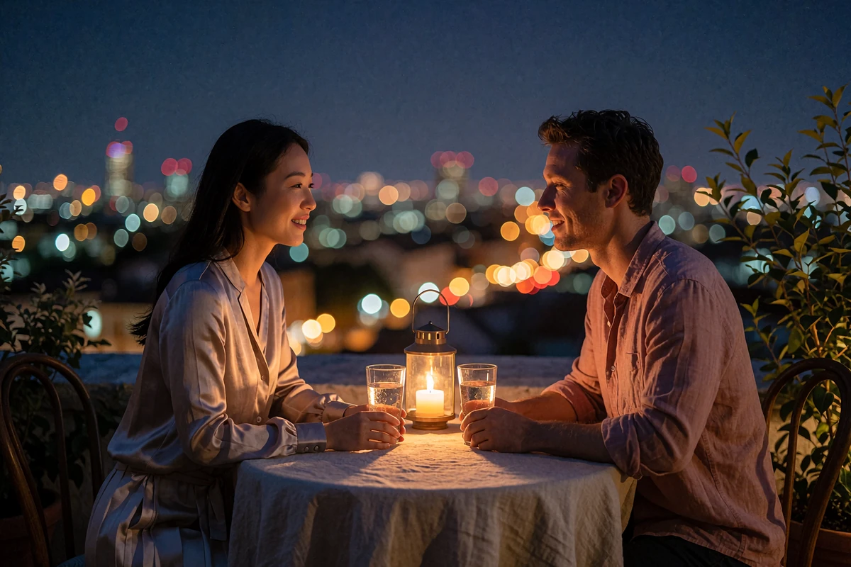 Couple sharing a quiet toast at a rooftop restaurant table at night after meeting through an Asian dating platform