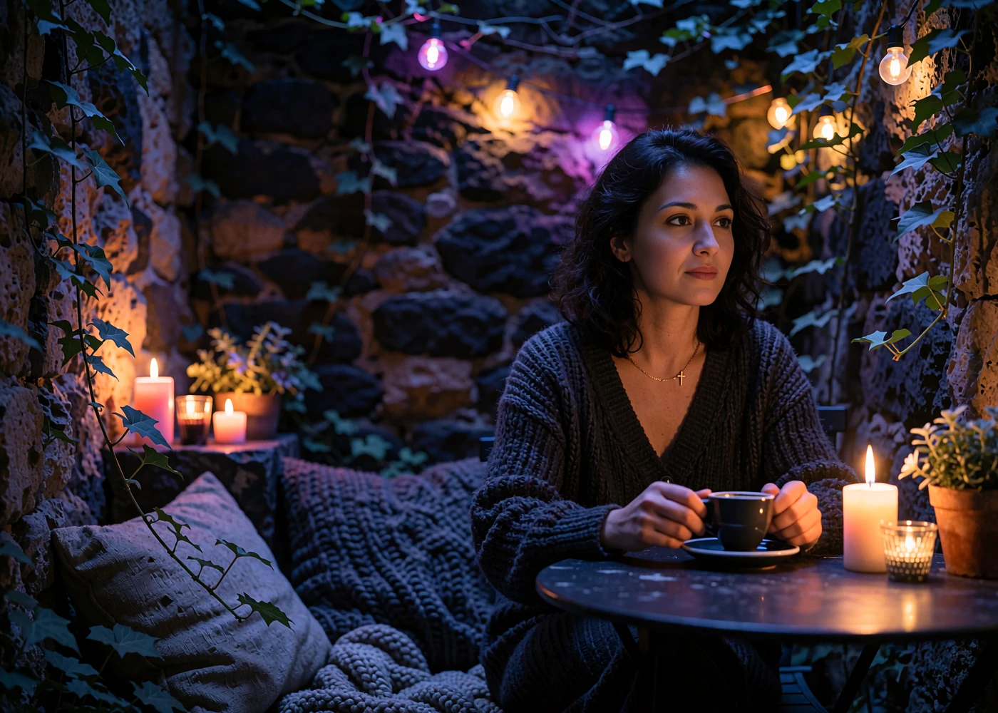 Armenian woman seated at a candlelit courtyard table in the evening, reflecting the patient pace of Armenian dating culture