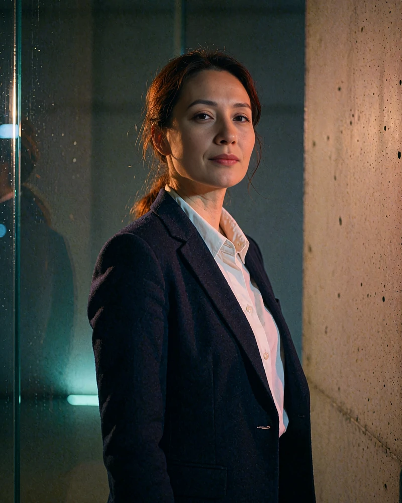 Kyrgyz member in a navy blazer standing in a modern glass atrium