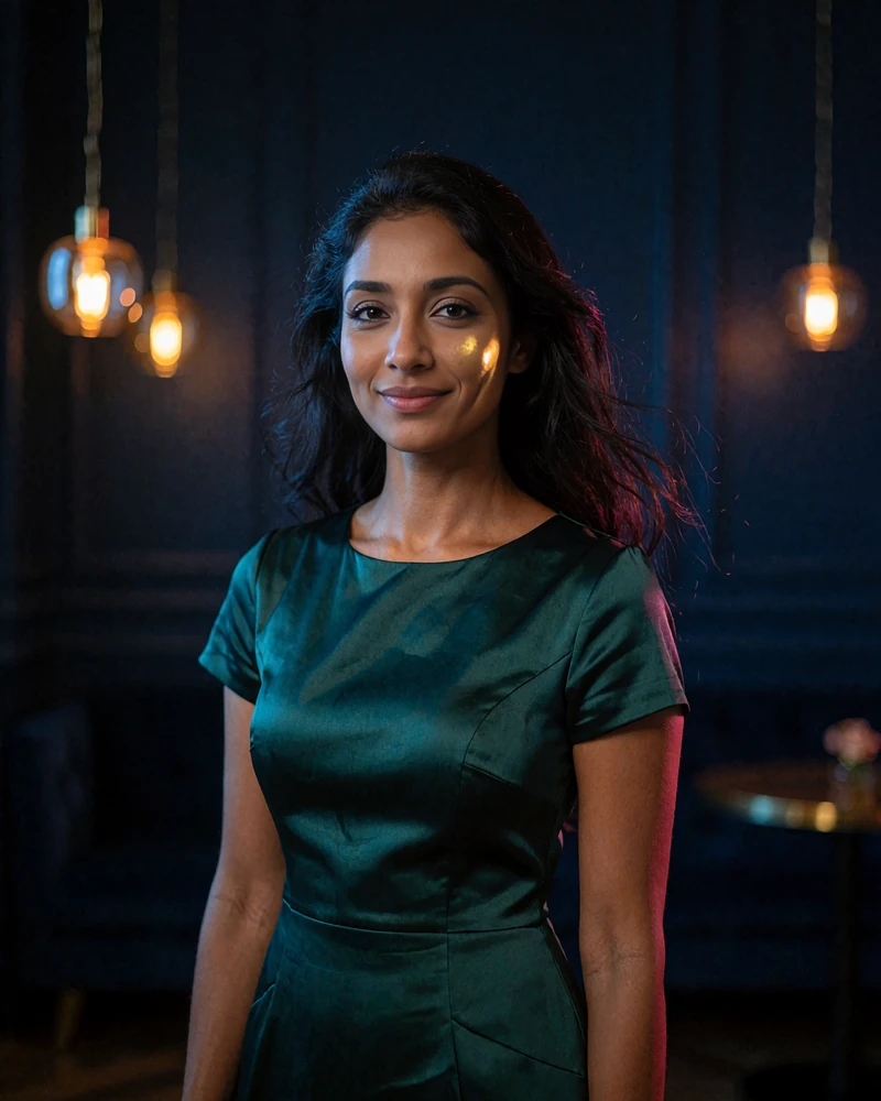 Sri Lankan member in an emerald dress smiling in a dim luxury hotel lounge