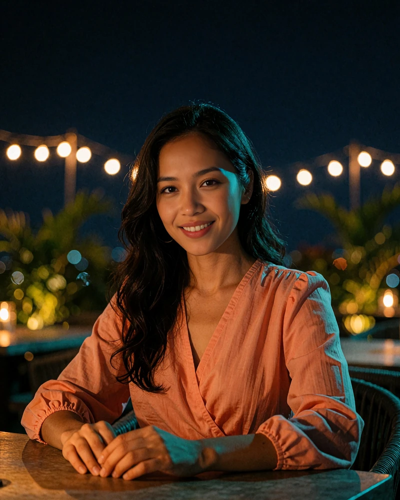 Verified Filipina member in her early thirties at a rooftop lounge in Manila