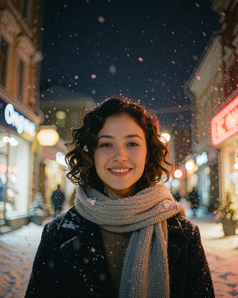 Kazakh member in a grey scarf on a snow-dusted city street in the evening