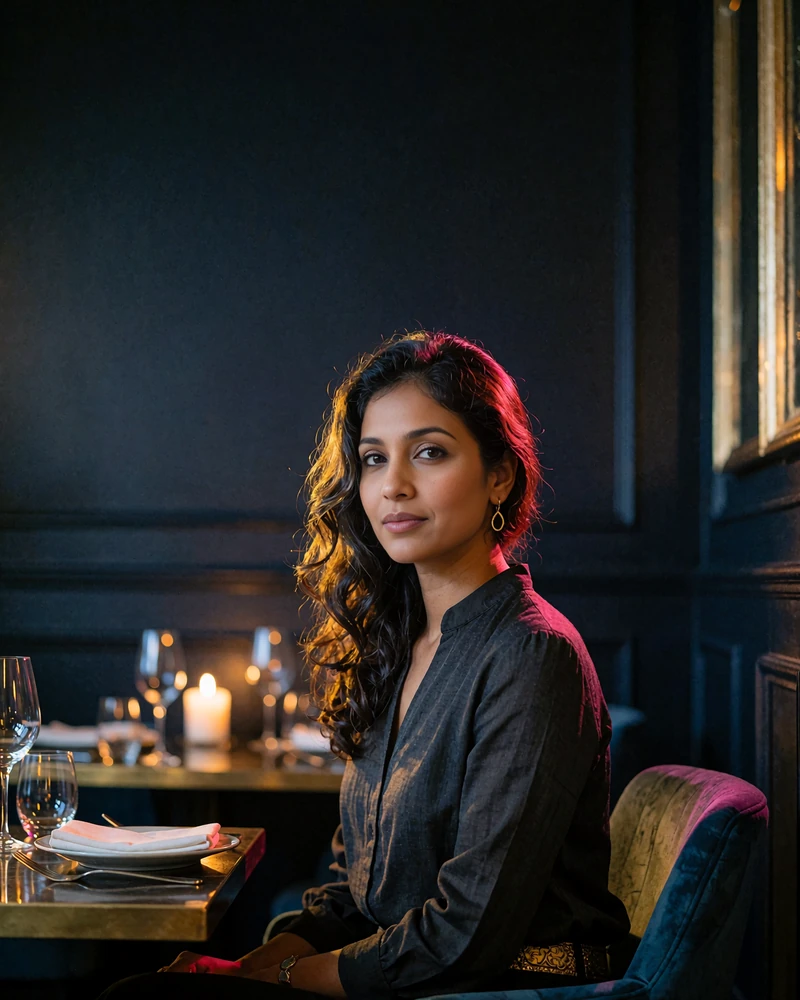 Bangladeshi member in a charcoal blouse seated at a table in an upscale restaurant at night