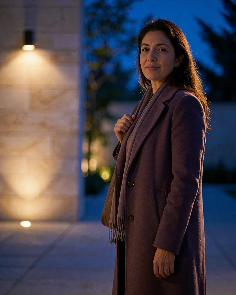 Afghan member in a long plum coat standing composed in a clean modern courtyard