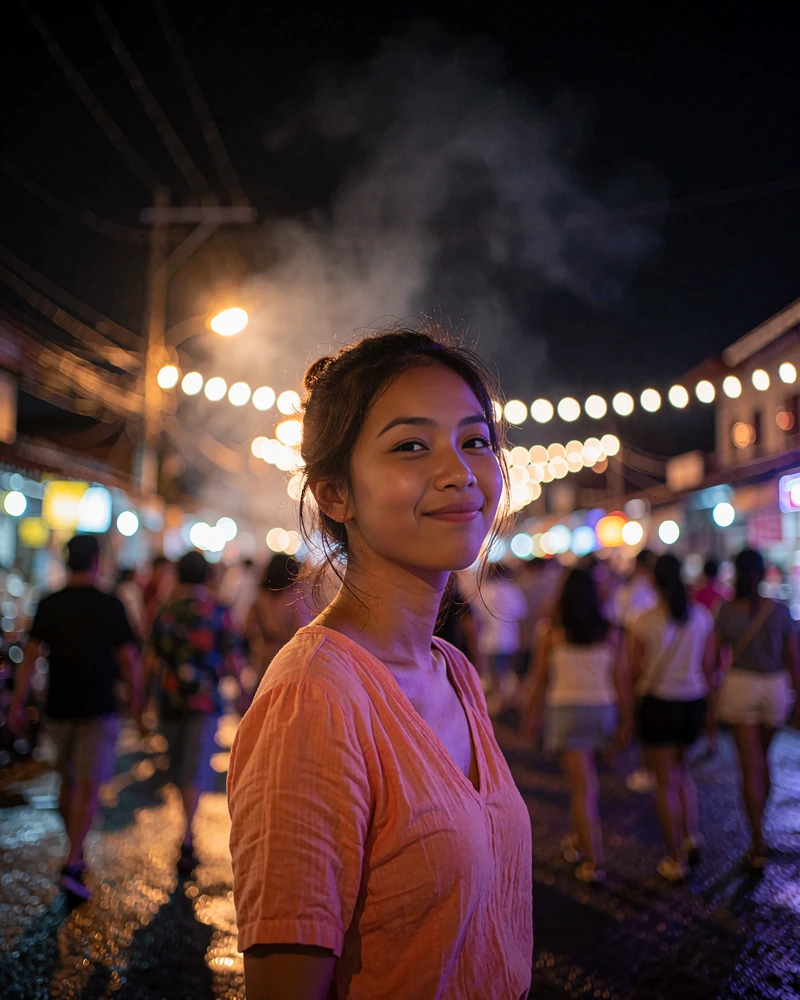 Filipina member in a coral blouse glancing back with a smile on a lively evening street