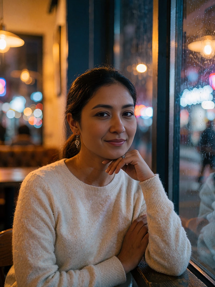 Nepali member in a cream sweater seated beside a tall cafe window in Kathmandu