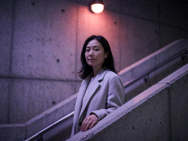 A poised Asian woman in a light grey coat pauses on a concrete stairway landing under soft violet light