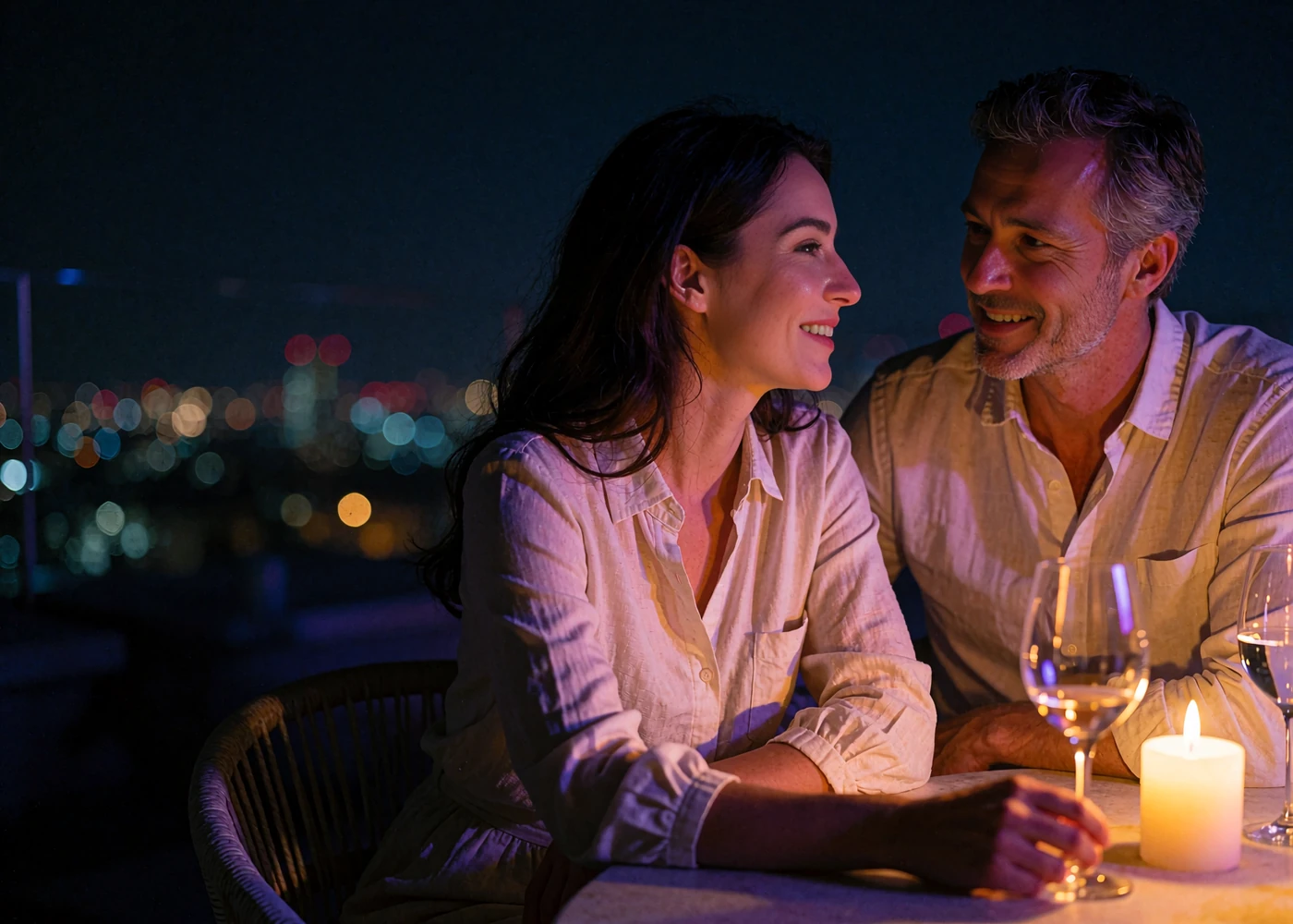 Armenian woman and a Western man leaning toward each other at a candlelit rooftop table, smiling mid-conversation