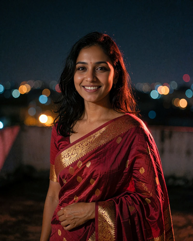 Bangladeshi member in a wine-red sari smiling on a rooftop terrace at night