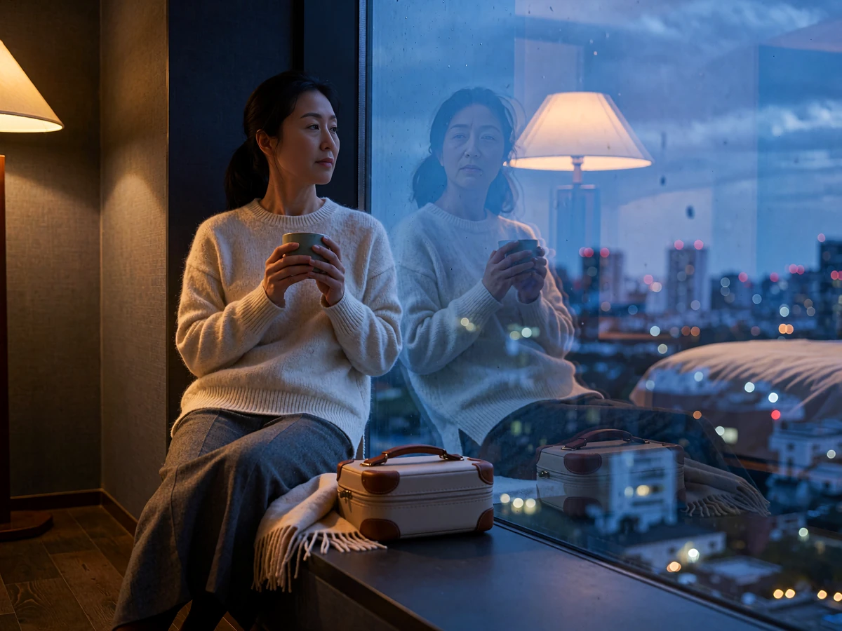 Poised Asian woman sitting by a floor-to-ceiling hotel window at dusk with a small carry-on case, illustrating pre-trip preparation