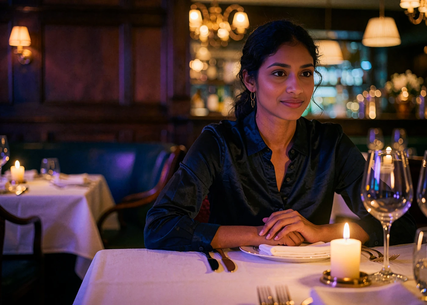 Indian woman in gold hoop earrings listening attentively at a candlelit fine-dining table, reflecting respectful conversation in Indian dating culture