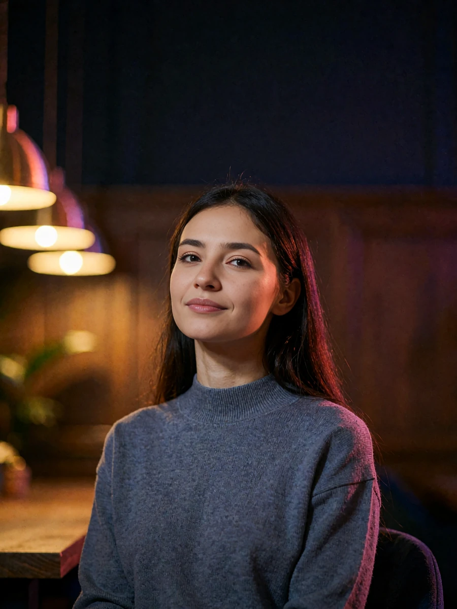 Tajik member with long dark hair seated at a marble café counter under warm pendant light
