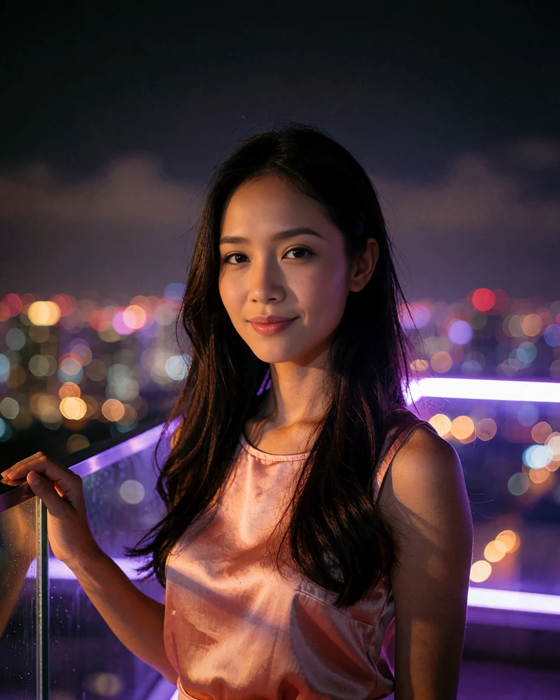Thai woman in her mid twenties on a Bangkok rooftop bar terrace at night, smiling toward the camera