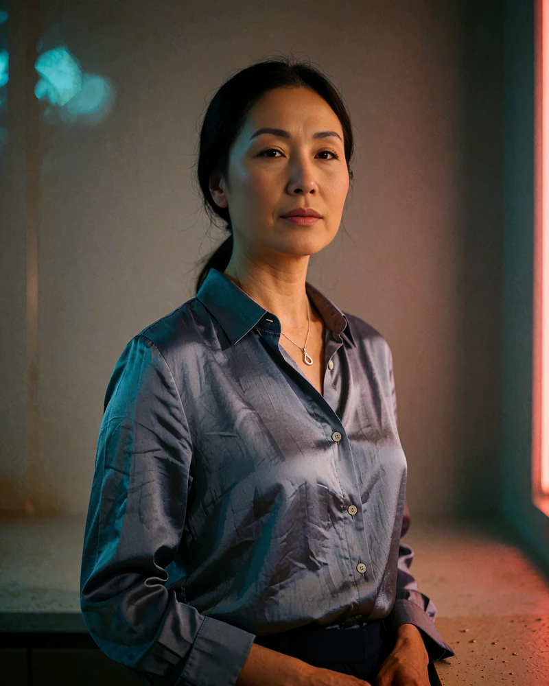 Mongolian woman in a slate blue silk shirt standing in a minimal modern interior with soft directional light