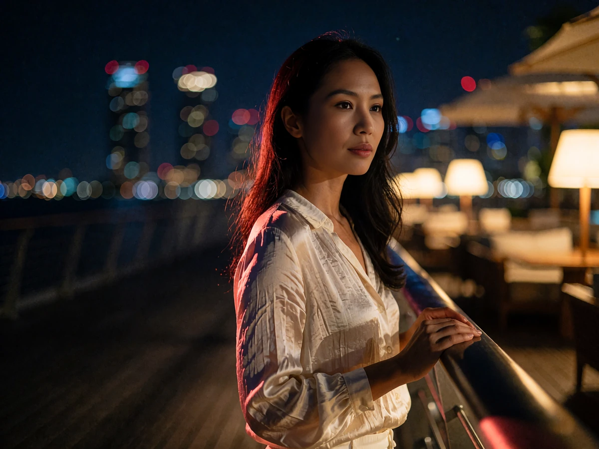 Composed Indonesian woman in an ivory blouse at the railing of a rooftop lounge overlooking a night skyline
