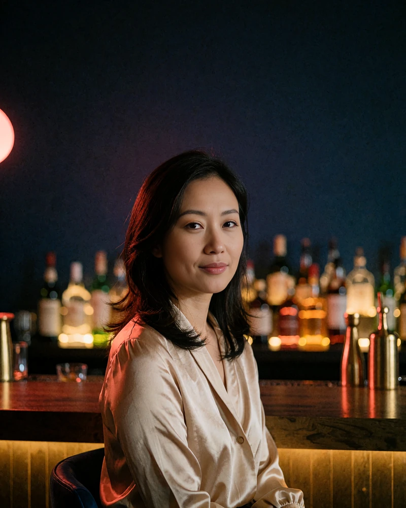 Poised Chinese member in a champagne silk blouse seated at a dim hotel bar