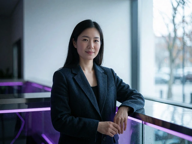 Confident Asian woman in a navy blazer smiling in a bright modern atrium