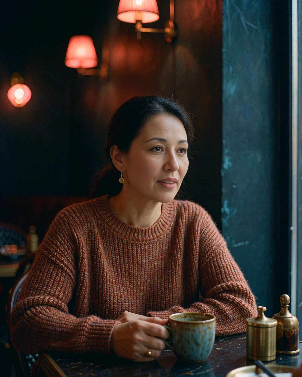 Poised Kyrgyz woman in a rust-coloured knit sweater sitting at a warm modern bistro table in the evening
