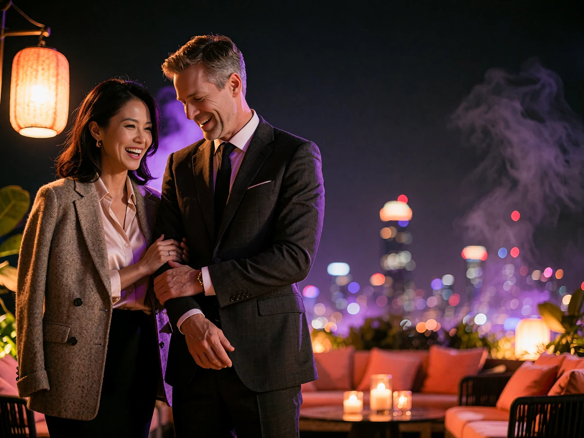 Malaysian woman and Western man laughing together on a rooftop lounge at night after meeting through a dating platform