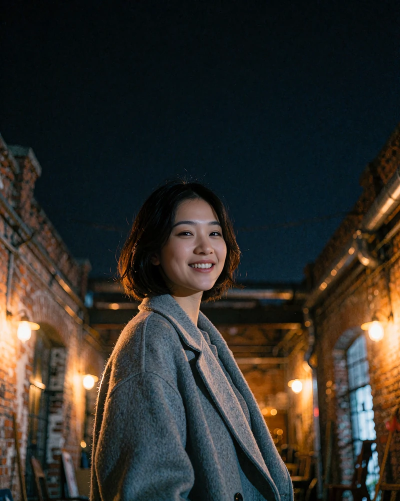 Creative Chinese member in a soft grey coat standing in a converted warehouse art district at night