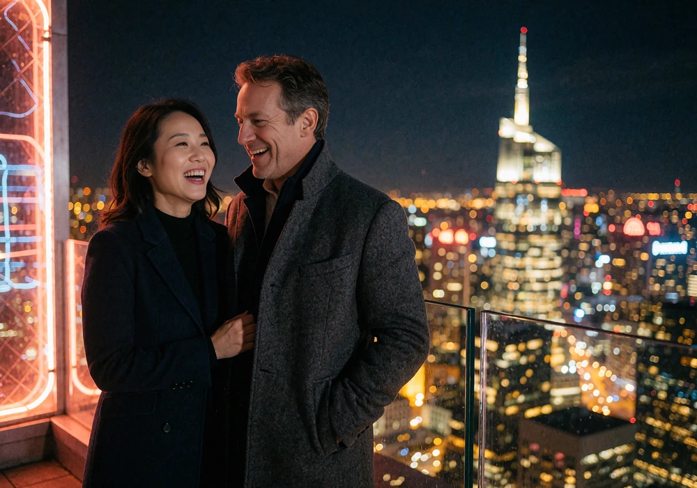 Couple laughing together on an observation terrace above a glowing skyline at night