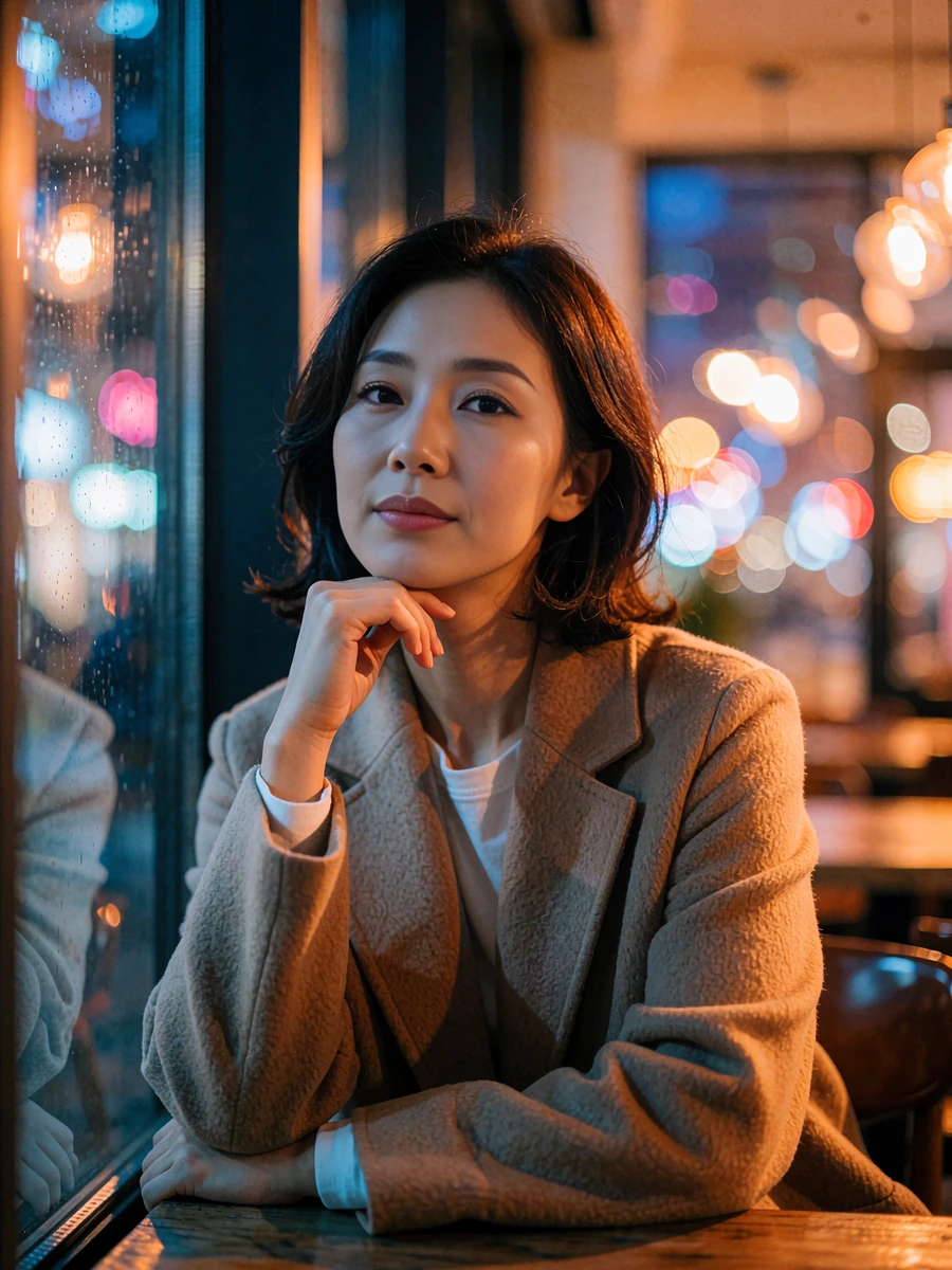 Korean member in a camel coat seated by a window in an upscale evening cafe