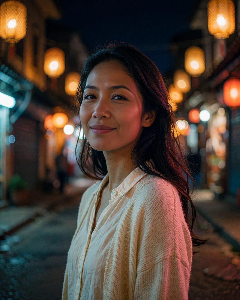 Laotian member in a cream blouse smiling on a quiet evening street lined with amber lanterns
