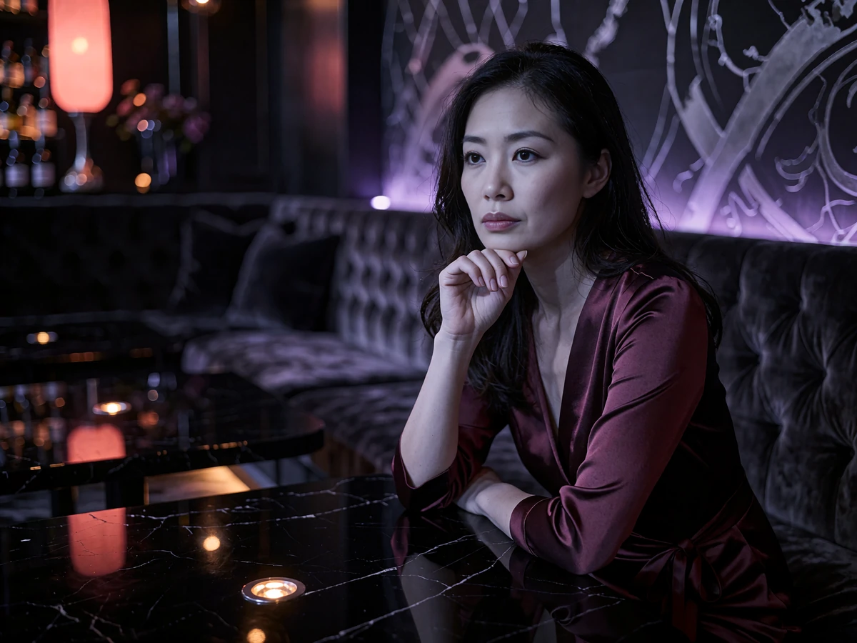 An elegant Asian woman sits alone at a lounge table, chin resting on her hand, with a guarded, considering expression