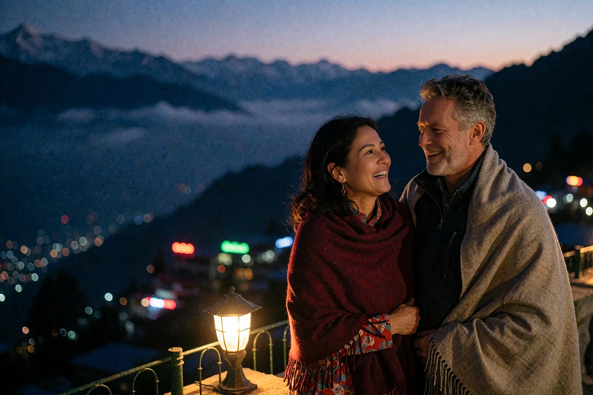 Couple wrapped in light shawls laughing together on a mountain-view terrace at dusk after meeting through a Nepali dating site