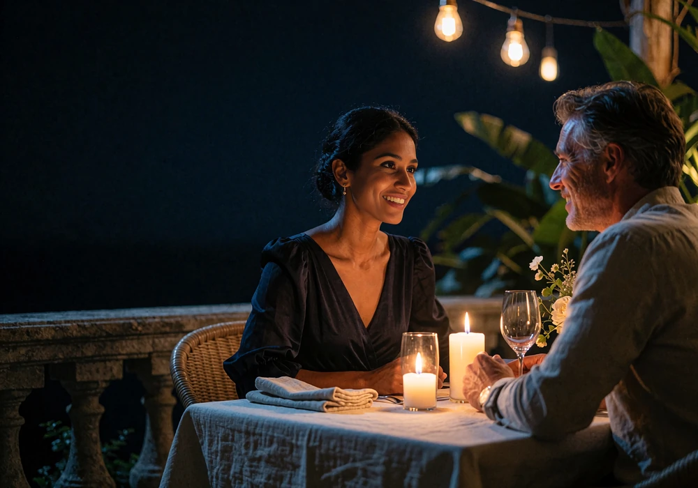 Couple sharing a candlelit dinner on an open-air restaurant terrace after connecting on a Sri Lankan dating app