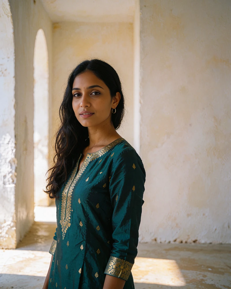 Graceful Indian woman in a teal silk kurta in a softly lit gallery, illustrating a verified member profile