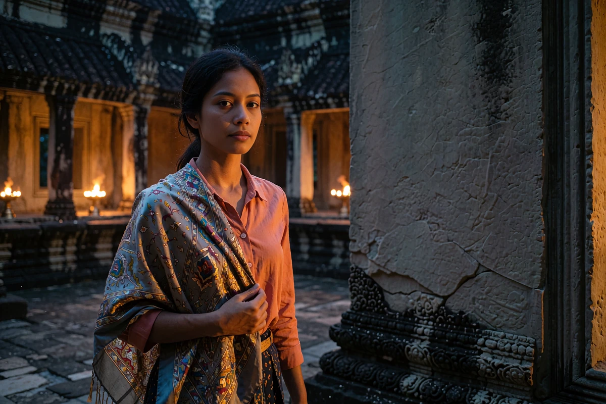 Cambodian woman in her early thirties walking through a quiet temple courtyard at early evening, holding a silk scarf