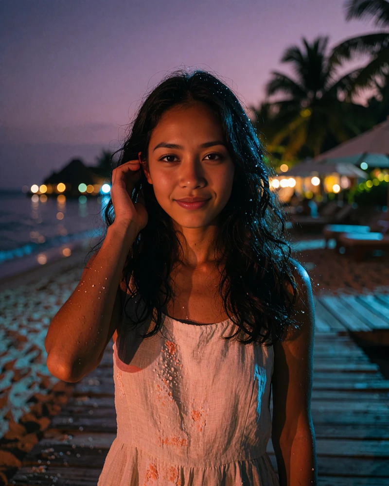 Filipina member with long dark hair smiling on a beachfront boardwalk at dusk